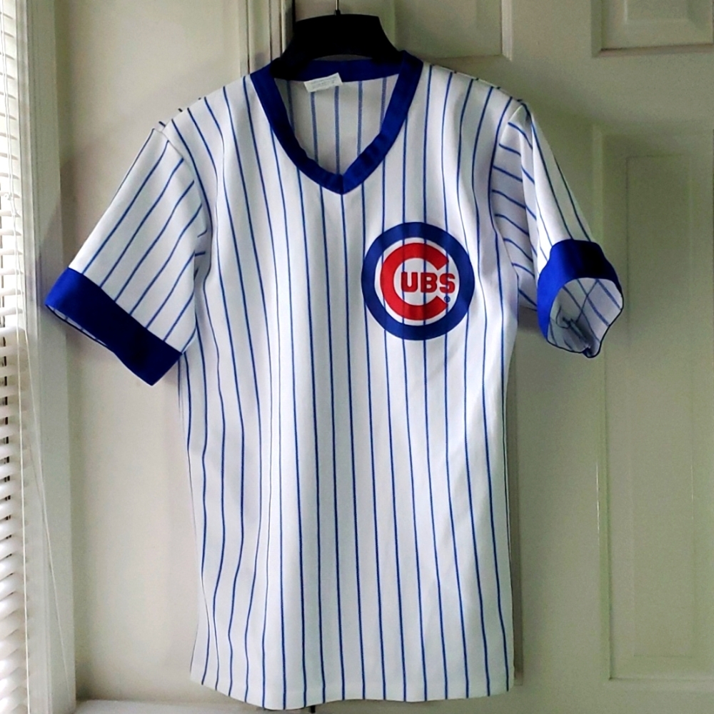 Vintage 80s Chicago Cubs MLB Baseball Pinstripe Jersey T-Shirt